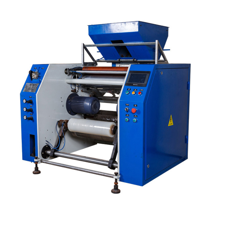 Automatic folding oscillating pre stretch film rewinder